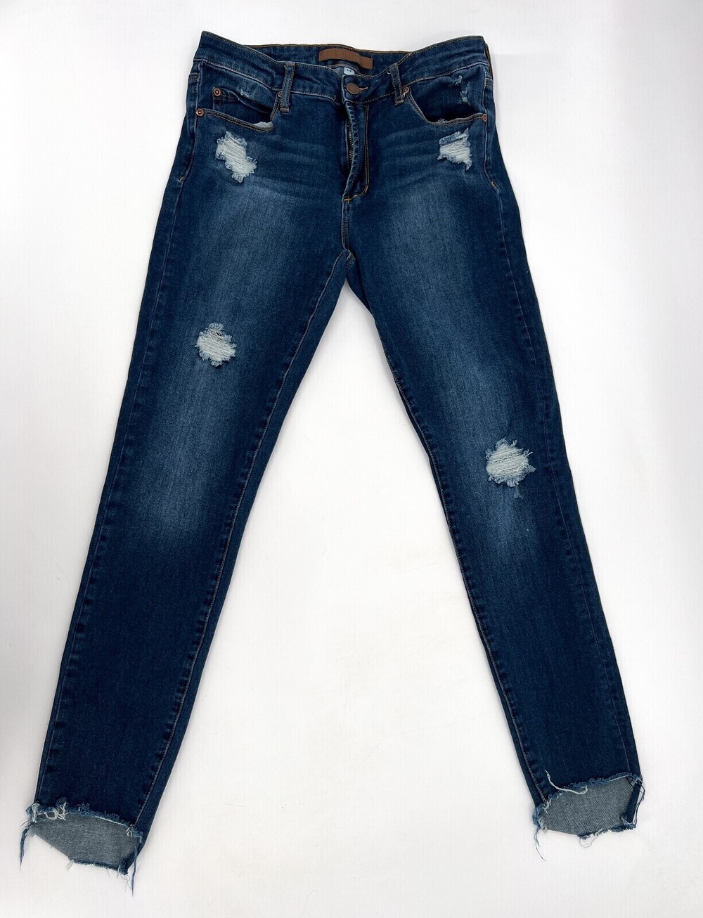 Leith Jeans Womens 27 Blue Denim Distressed Ripped Raw Hem Skinny Stretch Mid